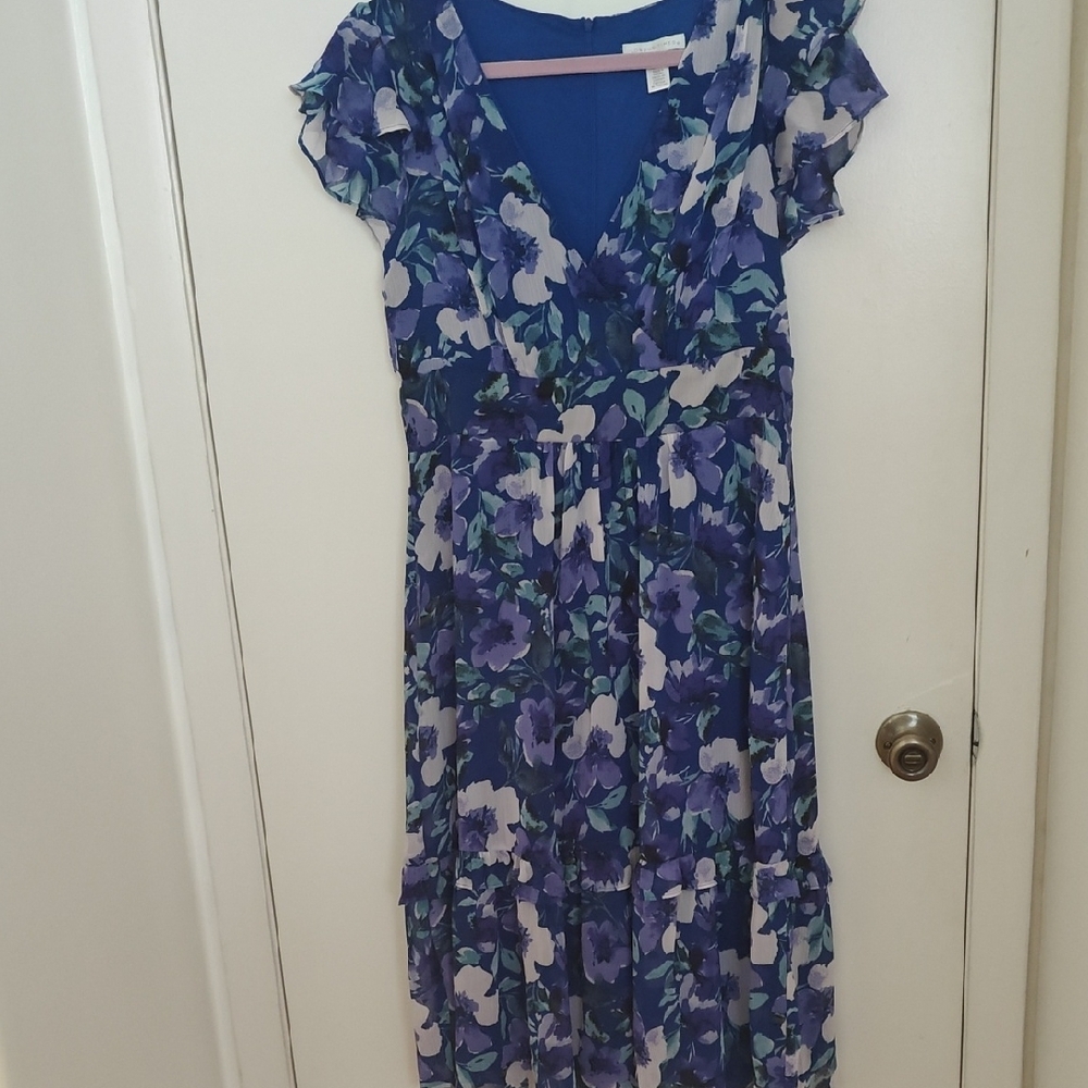 London Times Blue and Purple Flutter Sleeve Midi Dress